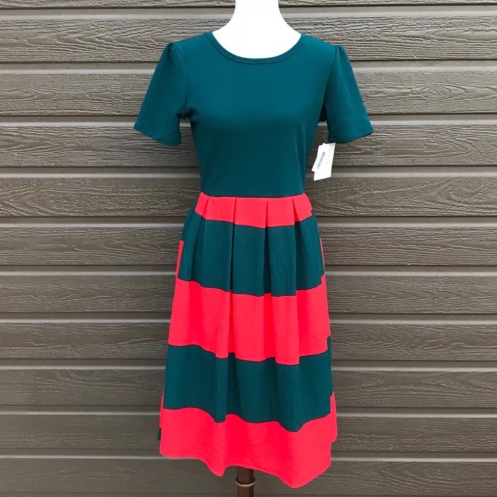 LuLaRoe XXS Amelia dress Red and Green Stripes